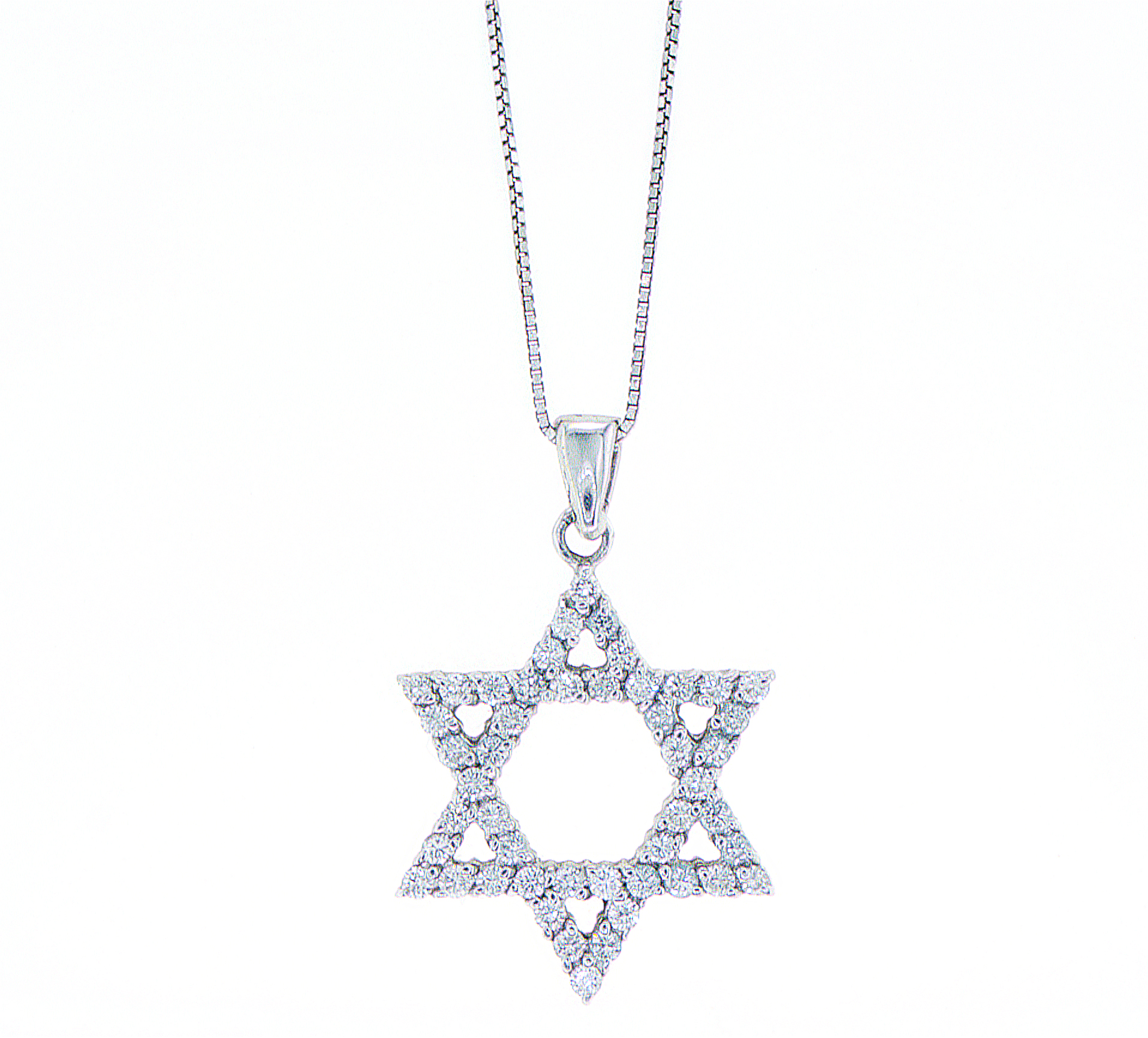 תליון בצורת מגן דוד משובץ יהלומים, תלוי על שרשרת מתכתית דקה.