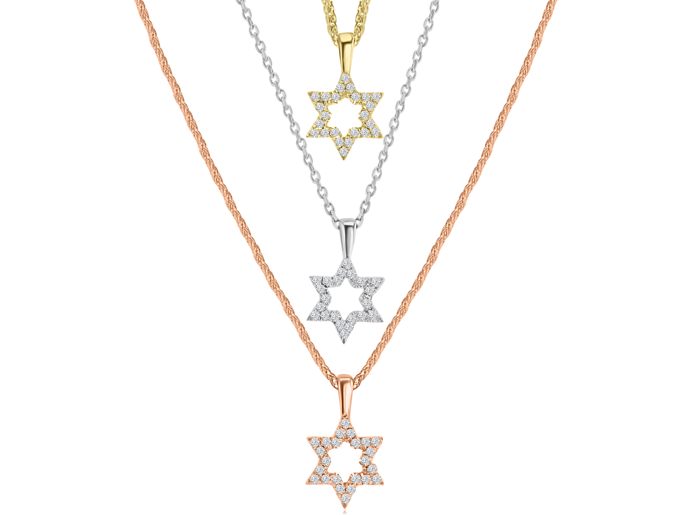 שרשראות בעיצוב אישי עם תליונים בצורת מגן דוד, משובצות יהלומים, בשלושה צבעים שונים.