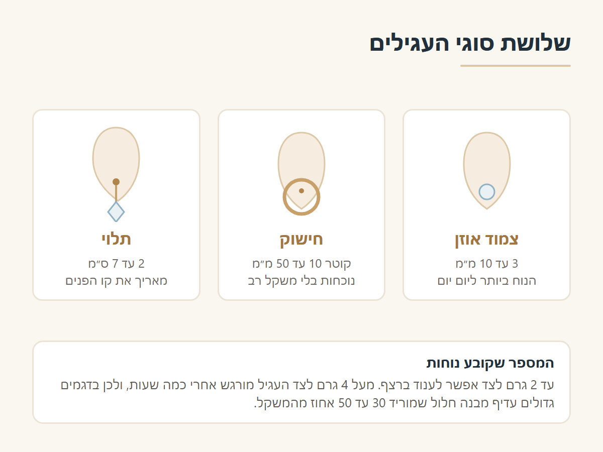שלושת סוגי העגילים: צמוד אוזן, חישוק ותלוי